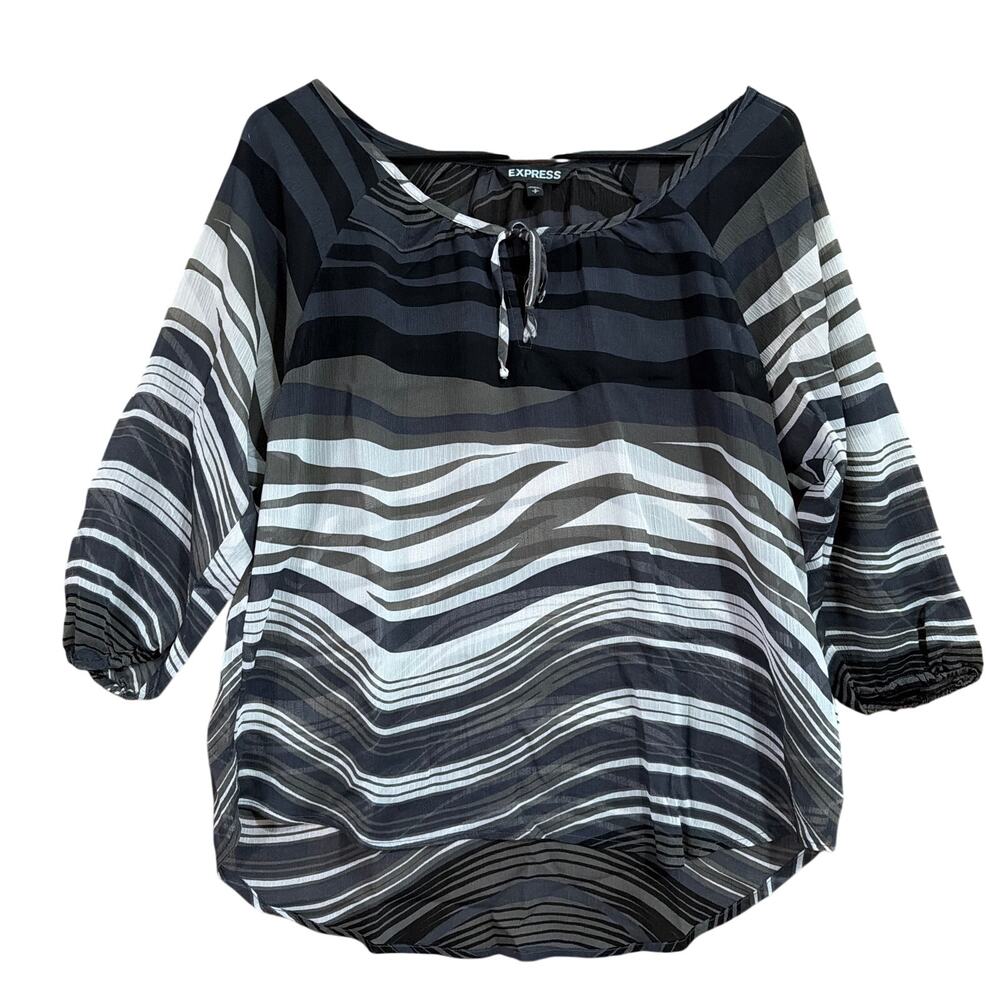 Express Womens Blouse Black White Ombre Zebra Print Sheer 3/4 Sleeve Small